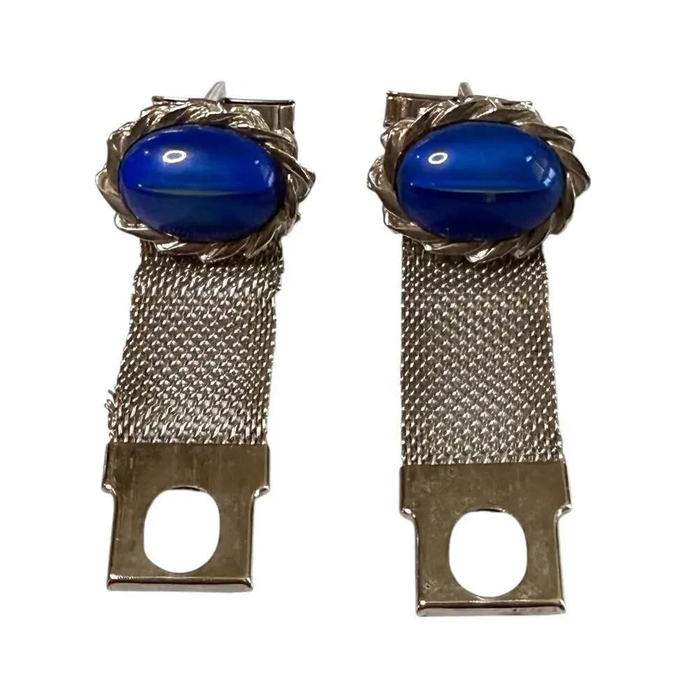 Vintage Cufflinks Mens Silver Tone Blue Cabochons Wraparound Formal Workwear